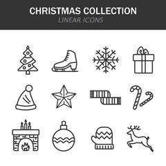 Fototapeta na wymiar Christmas collection linear icons in black on a white background