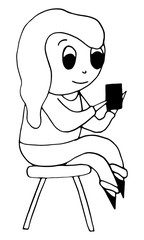 Beautiful hand drawn flat style girl with long hair is sitting on a chair with a phone in her hands.