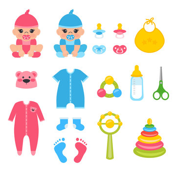 Set of  baby accessories for baby girl, boy. Vector illustration for newborns - cloths, baby soother, toys. Icons  can use for greeting card, poster, flyer, banners.