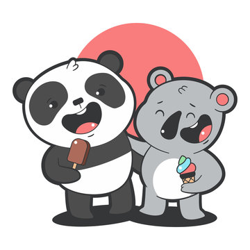 Cute panda and koala eat ice cream vector cartoon illustration isolated on a white background.