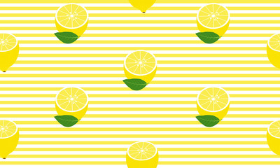 Seamless background with half lemons and yellow stripes. Vector illustration design for greeting card or template.