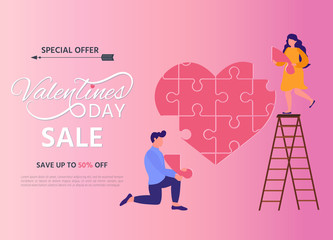 Valentine's Day on pink background.  Love couple. Advertising. Poster. Banner. Label. Card. Vector illustration