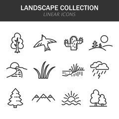 Landscape collection linear icons in black on a white background