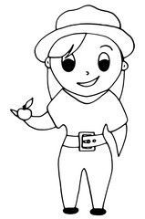 Cute young girl in hat picking apples in the garden, farmer girl cartoon character harvesting.