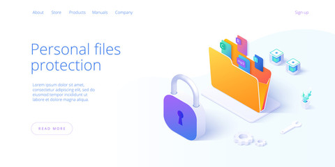 Personal data security in isometric vector illustration. Online file server protection system concept with folder and lock. Secure information transfer background template for web banner.