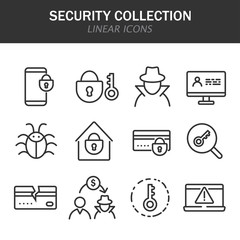 Security collection linear icons in black on a white background