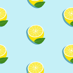 Seamless blue background with half lemons with shadow. Vector illustration design for greeting card or template.