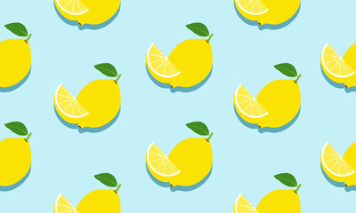 Naadloze blauwe achtergrond met hele citroenen en schijfjes citroenen met schaduw. Vector illustratie ontwerp voor wenskaart of sjabloon.