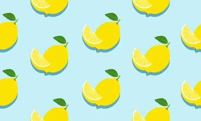 Tapeten Zitronen Nahtloser blauer Hintergrund mit ganzen Zitronen und Zitronenscheiben mit Schatten. Vektorillustrationsdesign für Grußkarte oder Vorlage.