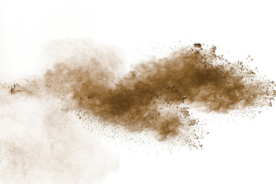 Abstract deep brown dust explosion on white background.Freeze motion of brown dust splash.