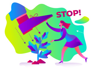 Ecological illustration. The woman protects  tree from destruction, cut down. The activist protects nature. Demonstration, rally, protest. Ecological thinking. Environmental activist. Green. Ecologist