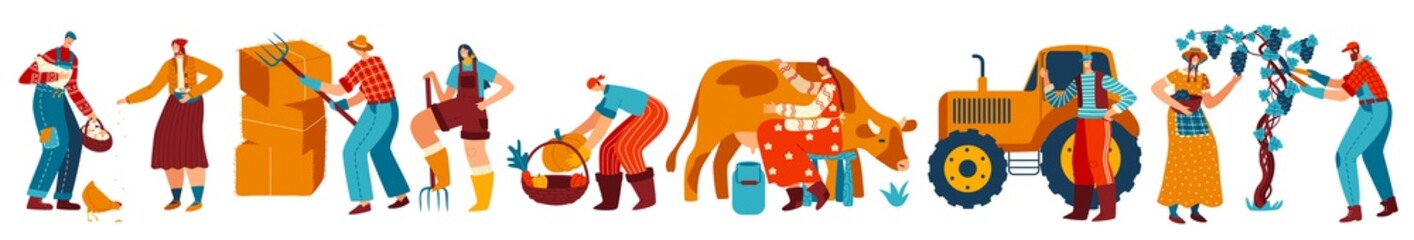 Farmers at work, set of isolated cartoon characters, vector illustration. People work on farm, woman milking cow, man stacking hay bales. Farmland workers smiling, simple and healthy life in village