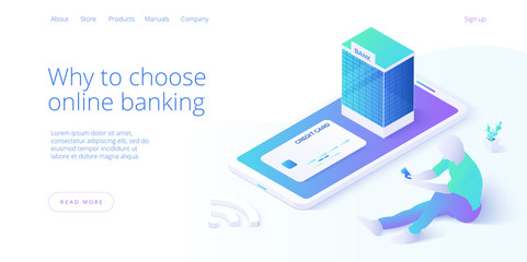Online mobile banking transaction concept in isometric vector design. Digital payment or online cashback service. Withdraw deposit with smartphone. Web banner for website layout template.