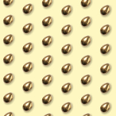 Card for Happy Easter celebrating or greeting. Golden colored eggs on yellow background. Modern artwork, bright wallpaper, background, pattern for your device, design or advertisement. concept.