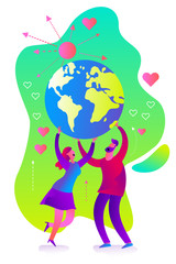 Ecological illustration. Earth day. Man and woman hold planet Earth in their hands. Care and love planet. Ecological thinking. Take Care Of Land. Concern for environment. Planting trees. ECO activist.