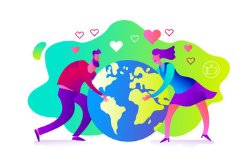 Ecological illustration. Earth day. Man and woman embrace planet Earth with their hands. Care and love planet. Ecological thinking. Concern for environment. Planting trees. Environmental activist. Gre