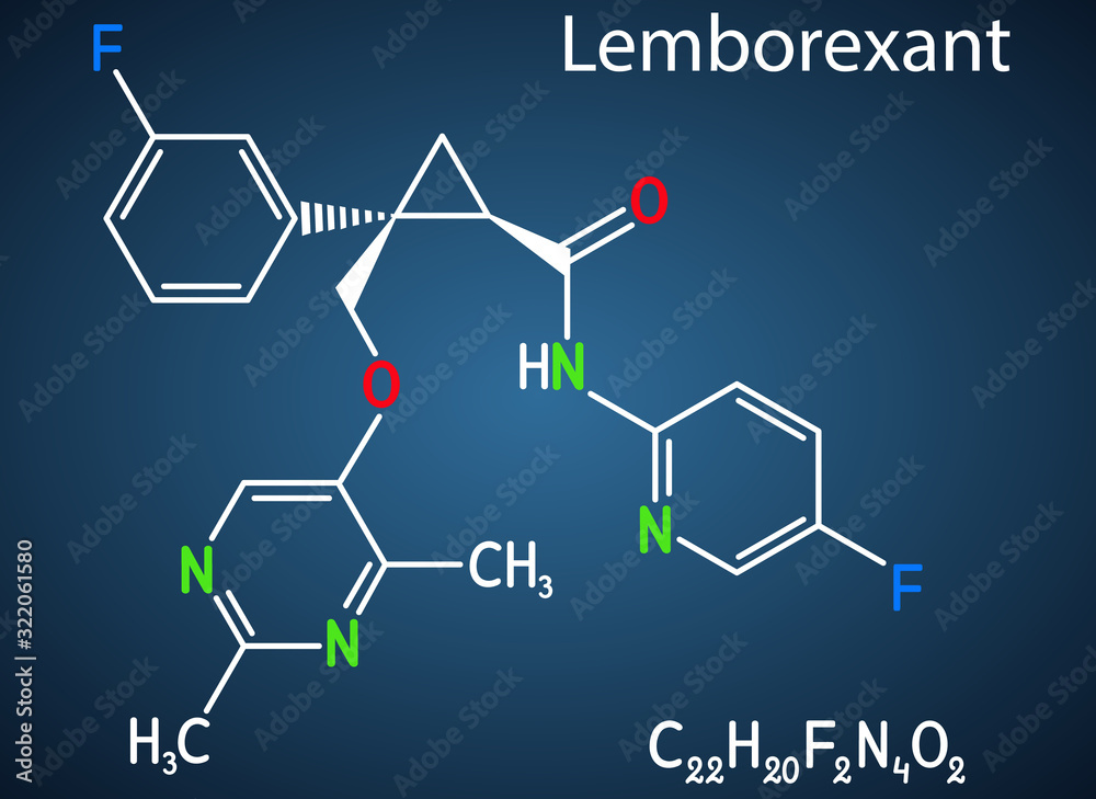 Sticker Lemborexant, C22H20F2N4O2 molecule. It is dual orexin receptor antagonist used in the treatment of insomnia. Structural chemical formula on the dark blue background