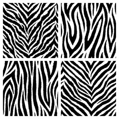 Set of 4 monochrome, black and white zebra skin fur seamless patterns. Vector wallpapers. Exotic wild animalistic skin textures.	