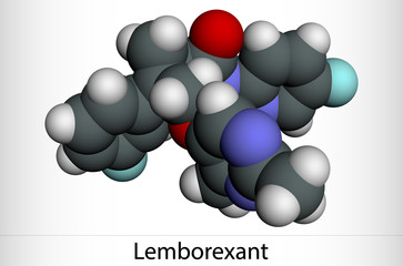 Lemborexant, C22H20F2N4O2 molecule. It is dual orexin receptor antagonist used in the treatment of insomnia. Molecular model