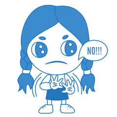 Emoji with a girl who shows a gesture with his hands and says No, simple hand drawn emoticon