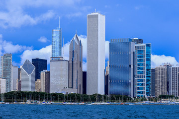 Fototapeta na wymiar Blue Light to the Business Buildings of the Chicago City, USA