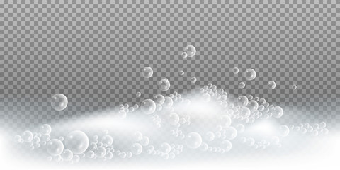 Fototapeta premium Soap foam with bubbles. Bath lather, isolated foam pattern on transparent background. Vector illustration