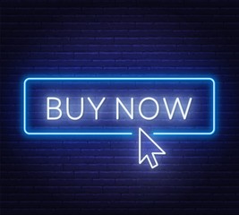 Buy now neon sign on dark background. Vector illustration.