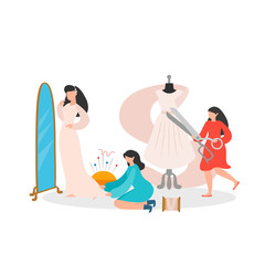 Bride tries on a wedding dress in the salon. Sewing workshop, atelier, custom clothing with characters working in tailoring shop. Seamstress with scissors and mannequin. Banner, web page