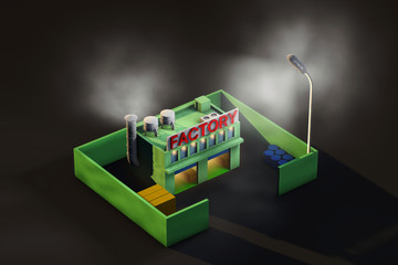 Green factory with smoke at night , 3D rendering