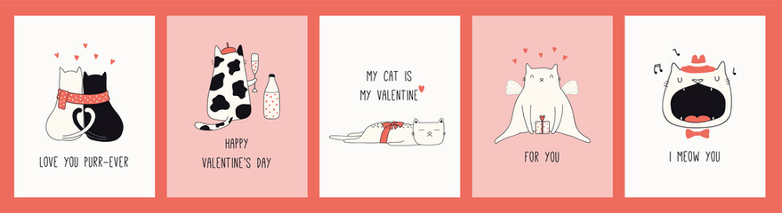 Verzameling van handgetekende Valentijnsdag wenskaarten met schattige katten in hoeden, harten, geschenken, citaten. Vector illustratie. Lijntekening. Ontwerpconcept voor vakantie afdrukken, uitnodigen, banner, cadeau-tag.