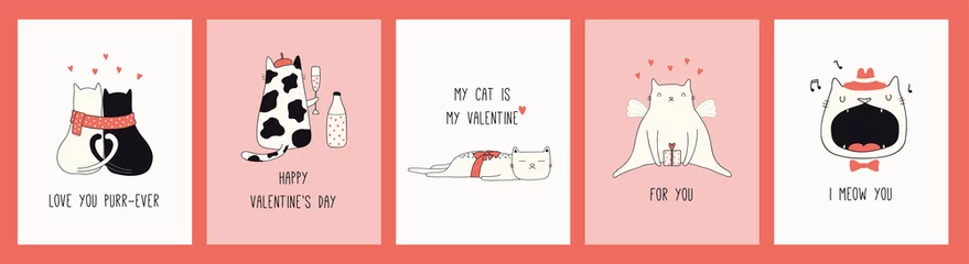  Verzameling van handgetekende Valentijnsdag wenskaarten met schattige katten in hoeden, harten, geschenken, citaten. Vector illustratie. Lijntekening. Ontwerpconcept voor vakantie afdrukken, uitnodigen, banner, cadeau-tag. © Maria Skrigan
