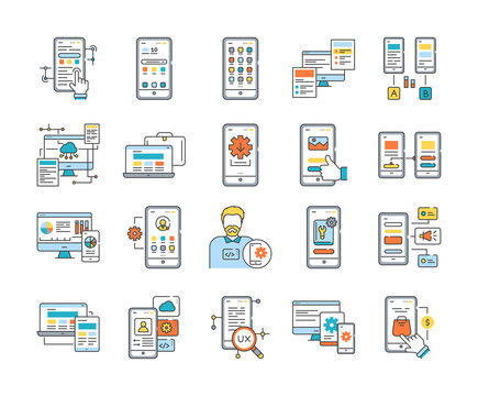 App purchase color line icons set. Creation and programming of applications. UI UX GUI design element. Editable stroke.