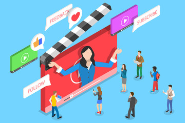 Flat isometric vector concept of video blog, vlog, online channel, creating video content.