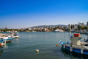 Fototapeta na wymiar View of Kos harbor quay on sunny day