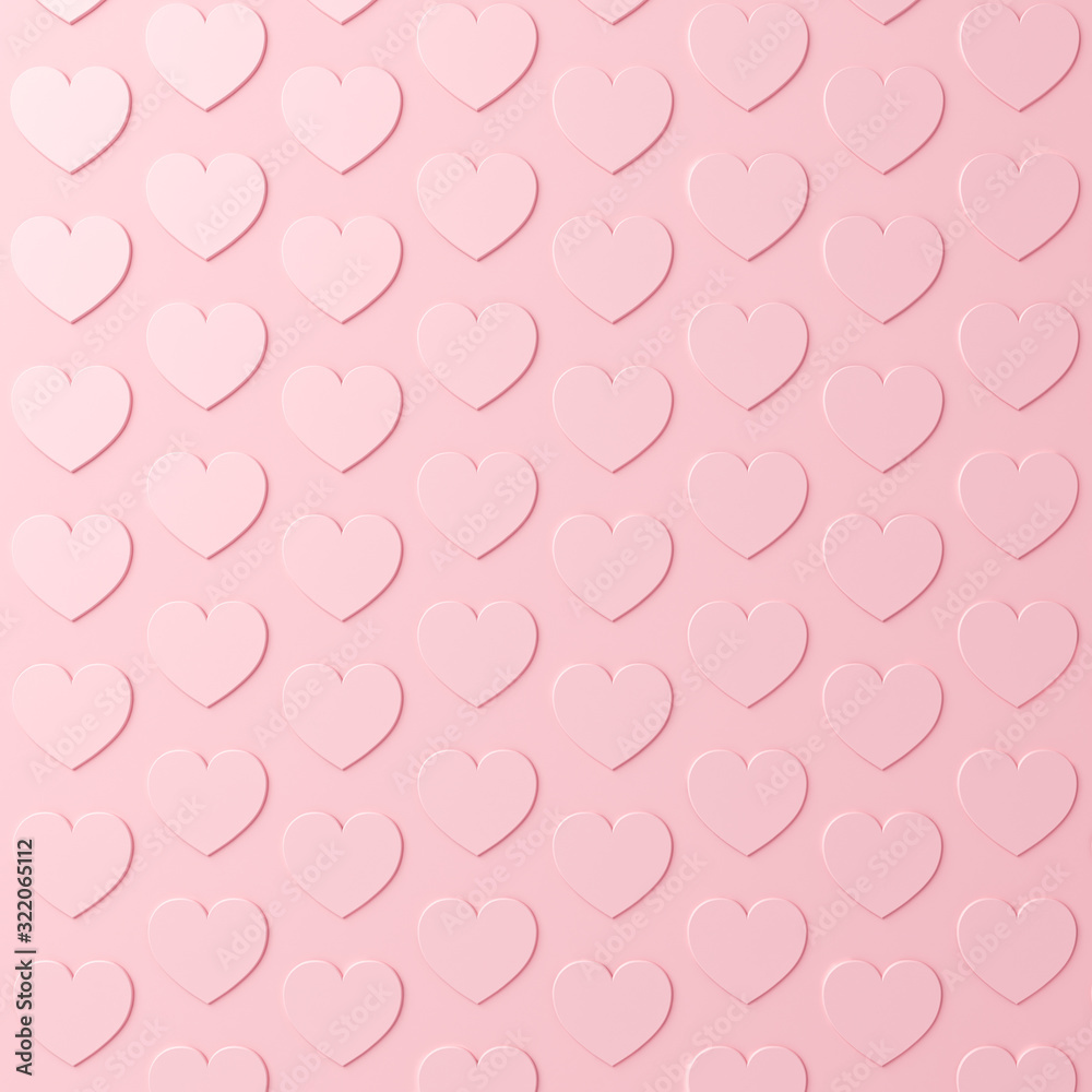 Poster pink pastel color hearts background with shadows 3d rendering