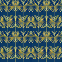 Seamless modern pattern. In vintage art deco style. Isolated golden gradient lines and heart elements on a blue background. For backgrounds, fills, packaging and wallpaper design.