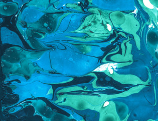 Blue Creative Oil Swirl, Design Tribal . Cyan Acrylic Oriental Stains, Mixed Fluid Acrylic, Air...