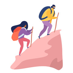 Climbing a mountain vector illustration. Man and woman with backpack hiking cartoon style, isolated on white background