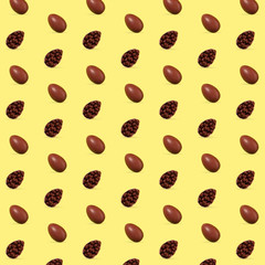 Card for Happy Easter celebrating or greeting. Chocolate eggs on yellow background. Modern artwork, bright wallpaper, background, pattern for your device, design or advertisement. concept. Egg hunt.