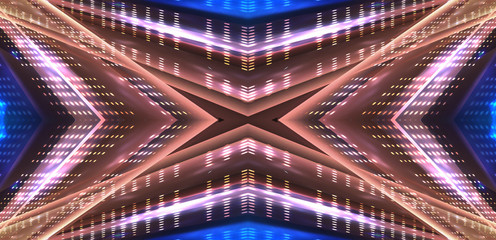 Abstract neon background. Blue neon. Geometric shapes, symmetrical reflection.