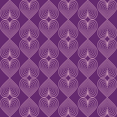 Seamless modern pattern. In vintage art deco style. Isolated pink heart-shaped elements on a purple background. For background, fill, packaging, and wallpaper design.