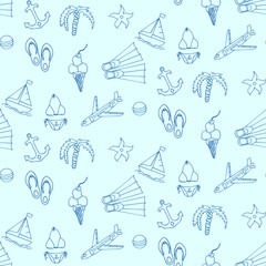 Seamless patern summer background. Hand drawn sketch illustration of summer symbols: sea, vacation, beach, swimsuit, yacht, anchor, ice cream.