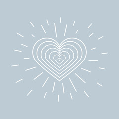 Heart and rays. Creative design concept for valentines day, mothers day, greeting cards for woman s day, declaration of love or logo. Isolated white icon on a gray-silver background.