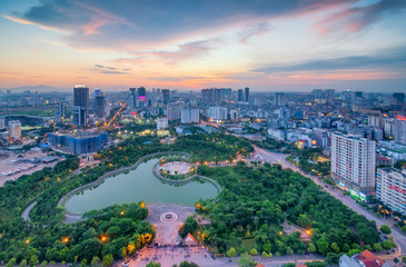 Fototapeta na wymiar Hanoi skyline cityscape at twilight period. Cau Giay park, west of Hanoi