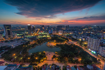 Fototapeta premium Hanoi skyline cityscape at twilight period. Cau Giay park, west of Hanoi