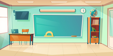 Empty classroom interior, school or college class with teacher table, laptop, green blackboard with protractor, clock hanging on wall and books cupboard, room for studying. Cartoon vector illustration