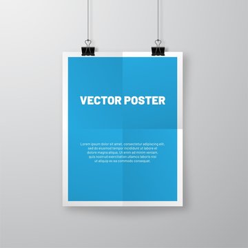 Realistic crumpled paper sheet with shadow. Wrinkled poster hanging on bulldog clips mockup template.