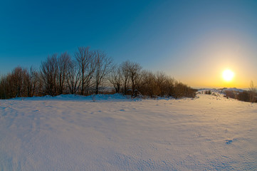 sunrise in the winter mountains on a sunny day