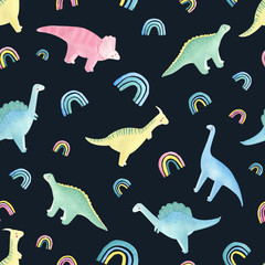 Dino and rainbow seamless pattern on black background. Children, kids textile background with dinosaur and colorful rainbow. Watercolor hand drawn. Сhildish style. For kids, little baby, toddlers.