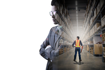 The abstract image of the engineer standing in front of the warehouse storage. the concept of engineering, shipping, management, warehouse and transportations.